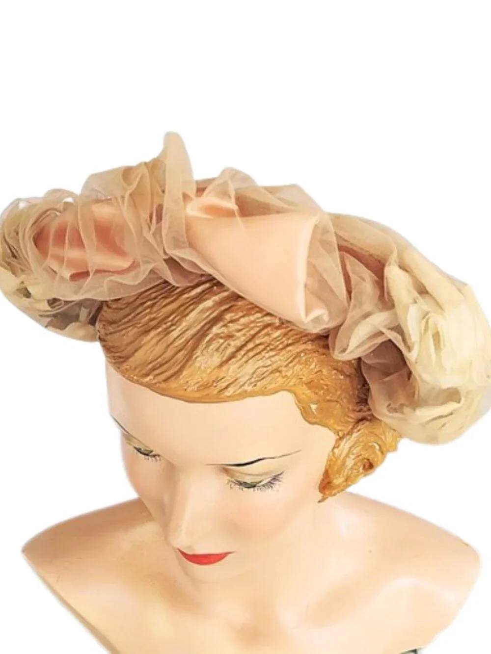 Vintage 1950s Halo Open Crown Hat With Roses And Bows Covered With Tan Netting - Picture 5 of 7